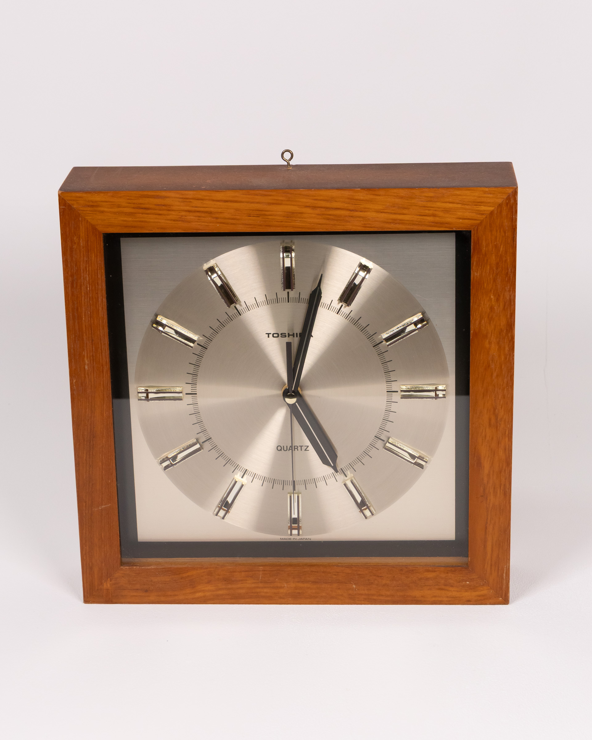 Vintage 1970s Toshiba Wood Quartz Clock with Silver Face