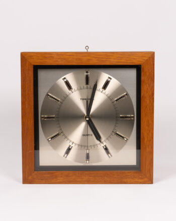 Vintage 1970s Toshiba Wood Quartz Clock with Silver Face