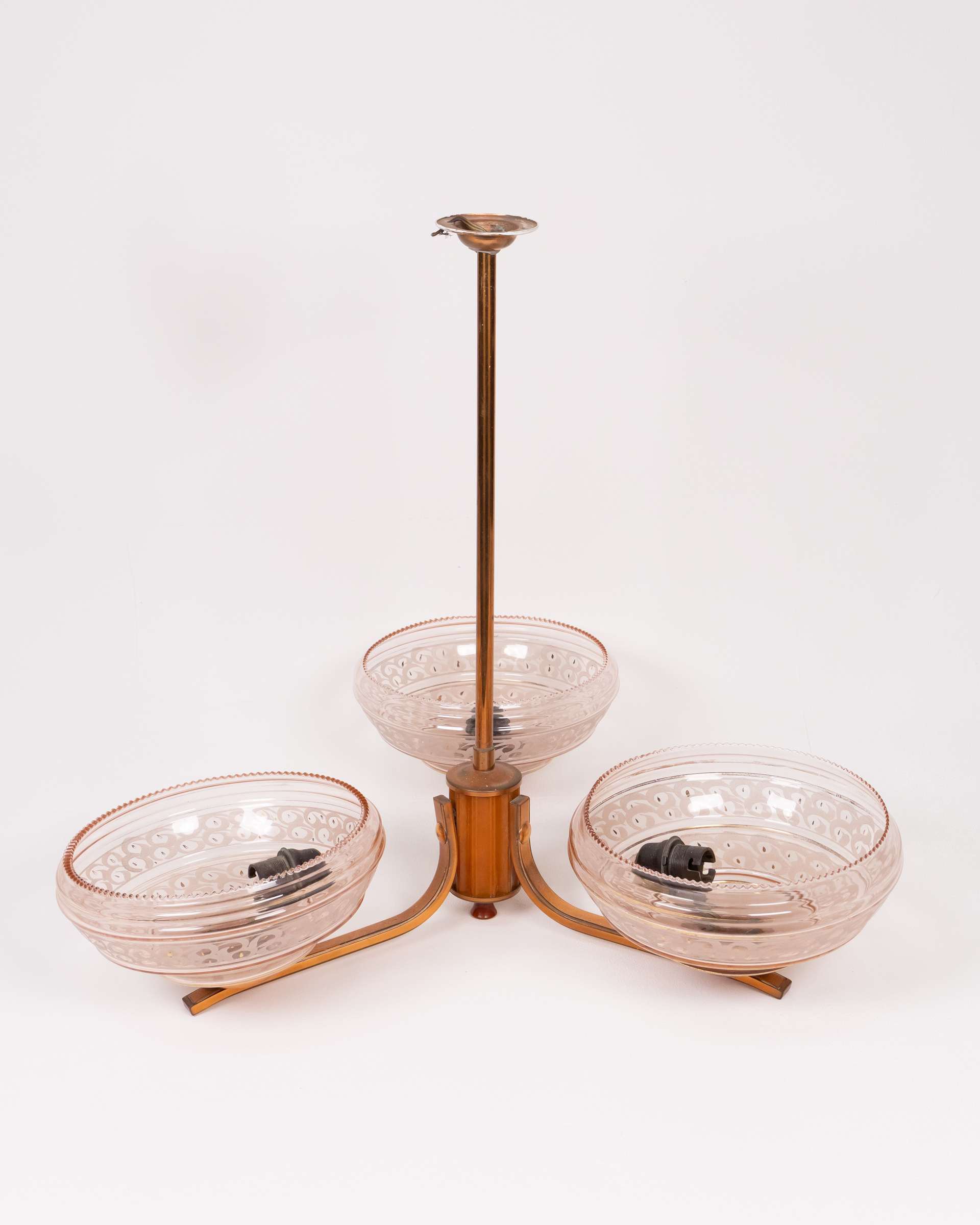 Vintage Pink Glass Chandelier with Three Bowls