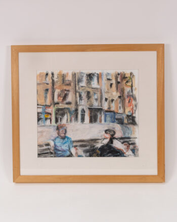 Framed Pastel Drawing of People with Wood Frame