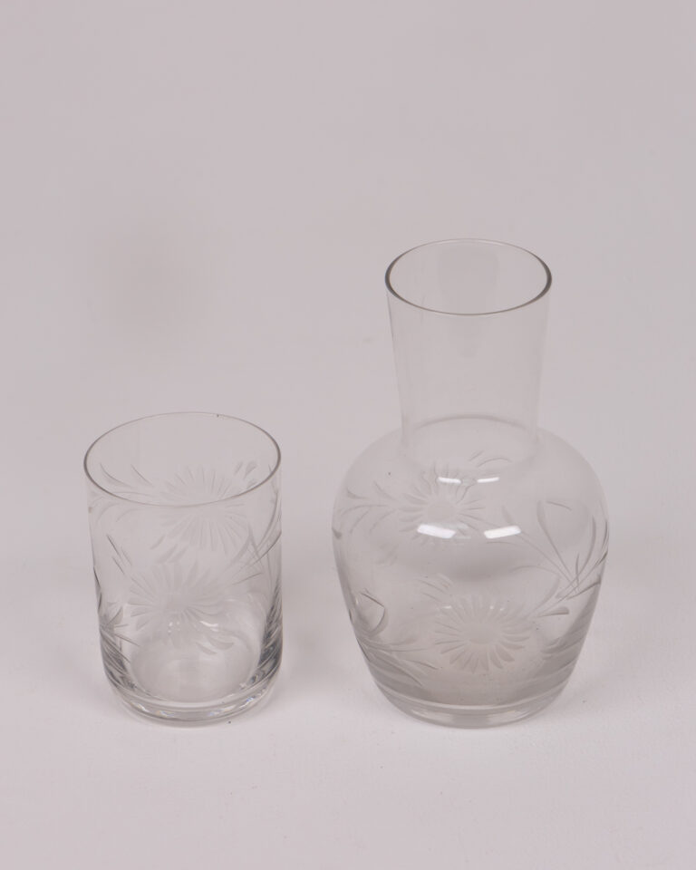 Glass Decanter and Tumbler Set with Floral Etching