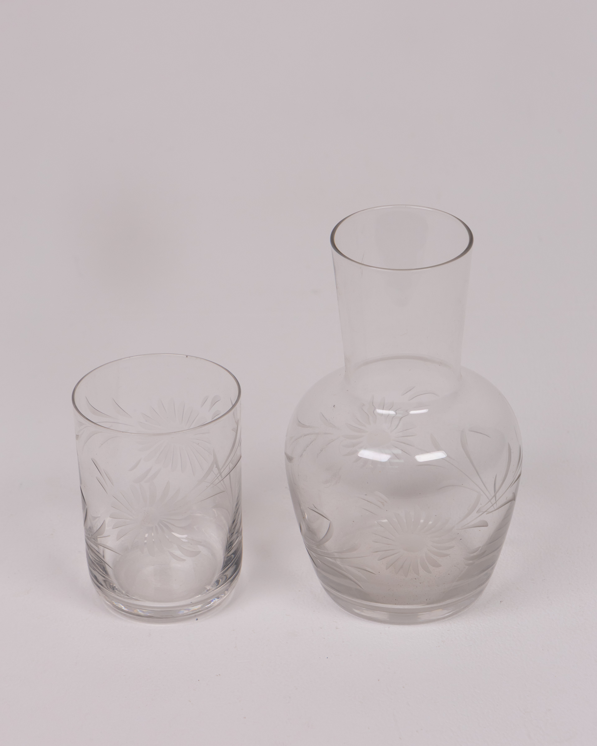 Glass Decanter and Tumbler Set with Floral Etching