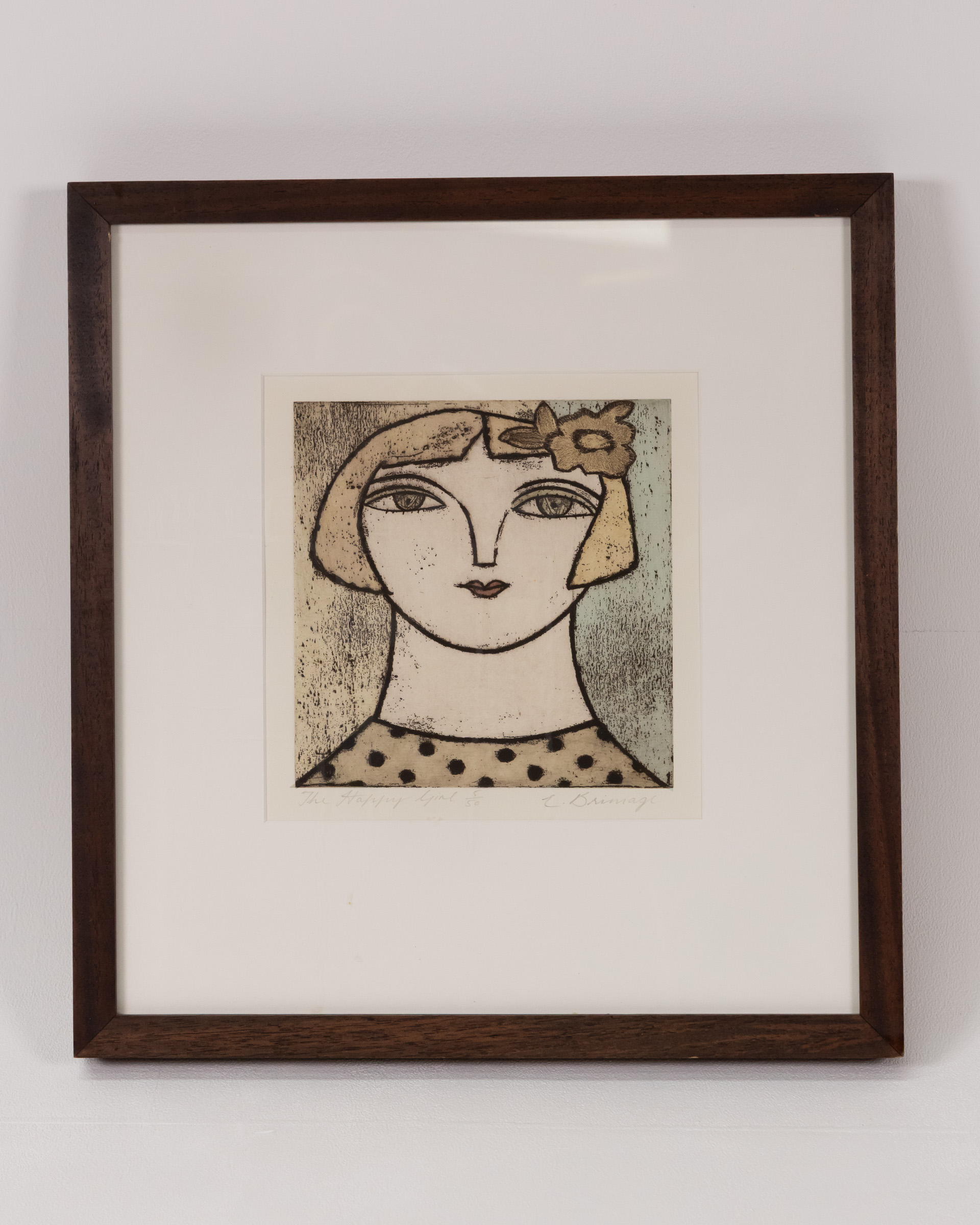 Framed “The Happy Girl” Print by E. Bowness with Wood Frame