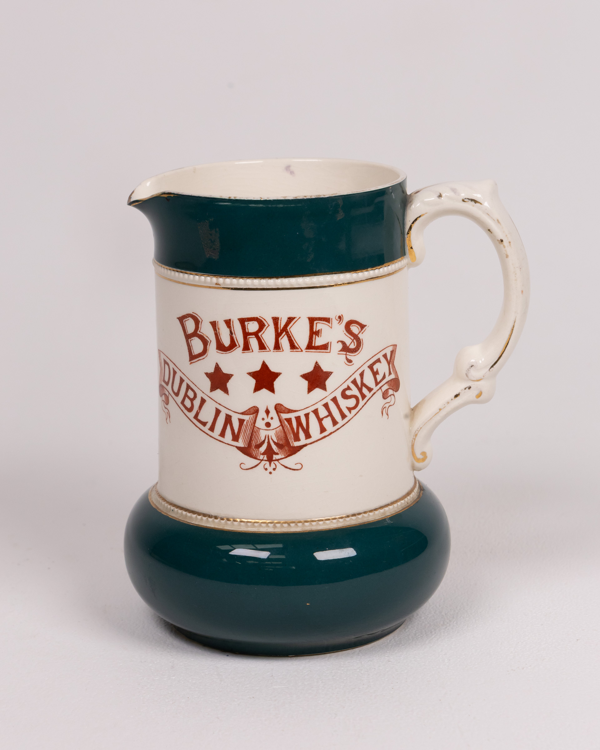 Antique Burke’s Dublin Whiskey Ceramic Jug with Gold Trim
