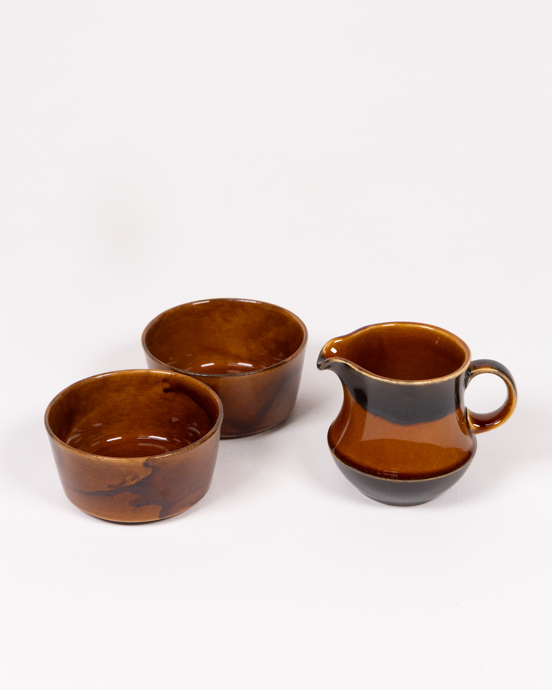 Vintage Ceramic Creamer and Bowls with Two Tone Glaze