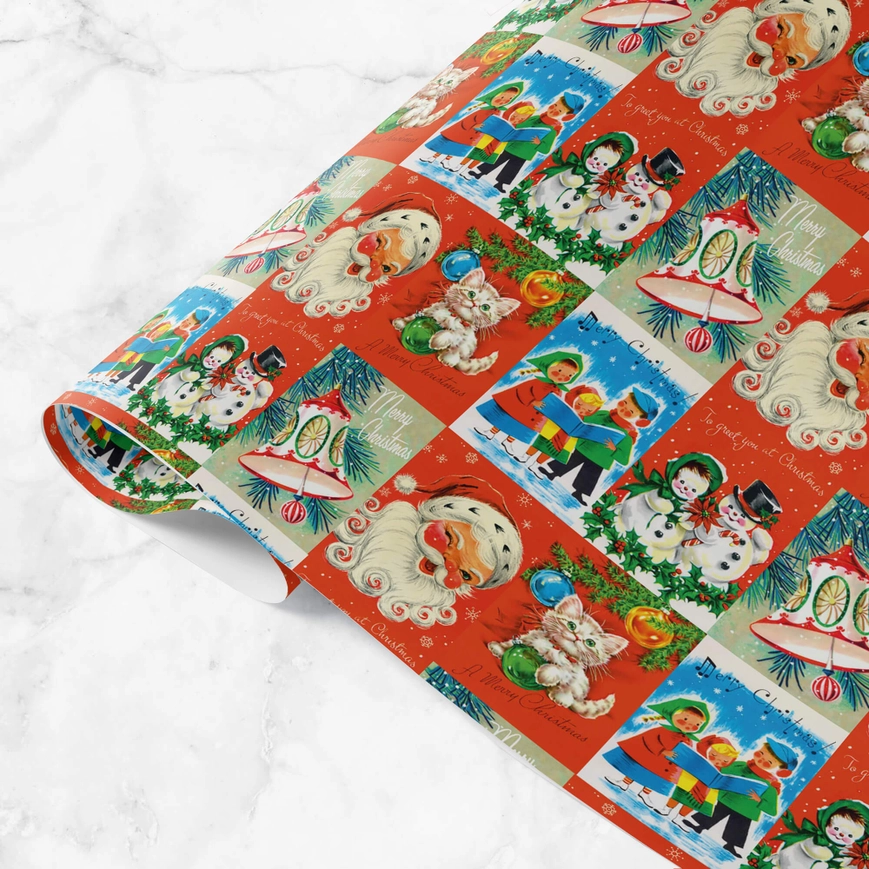 Vintage Christmas Gift Wrap with Santa and Snowmen