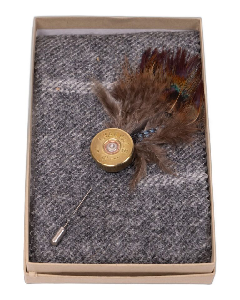 Fine Feathers Brass Shotgun Cartridge Lapel Pin with Feather