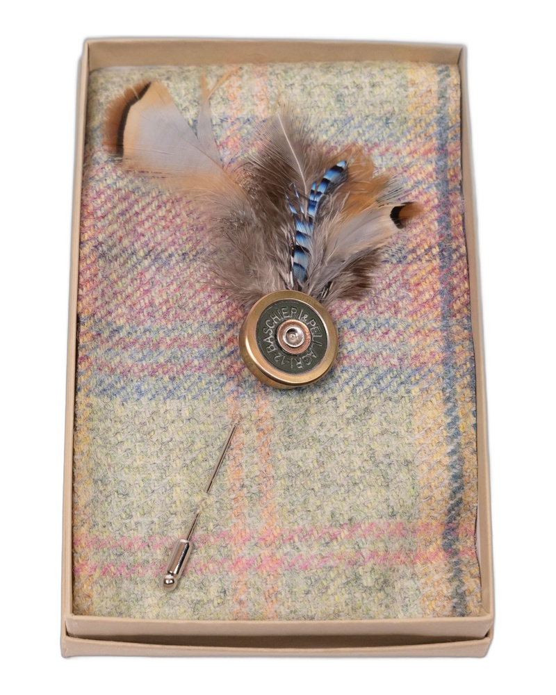 Fine Feathers Brass Shotgun Cartridge Lapel Pin with Feathers