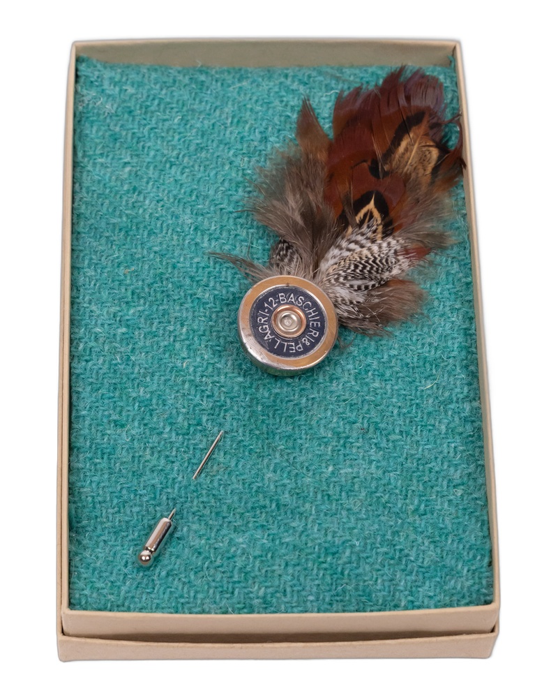 Fine Feathers Metal Shotgun Cartridge Lapel Pin with Feather