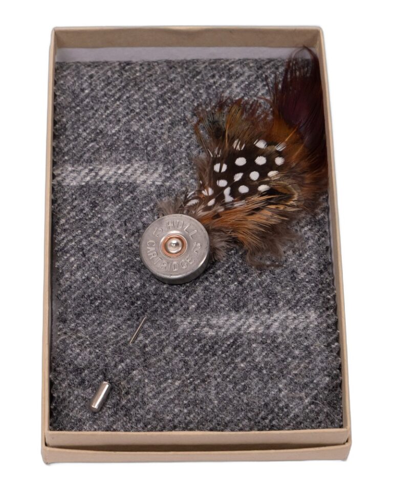 Fine Feathers Metal Shotgun Cartridge Lapel Pin with Feather