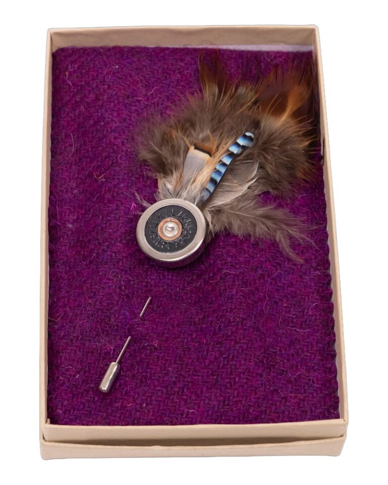 Fine Feathers Metal Shotgun Cartridge Lapel Pin with Feather