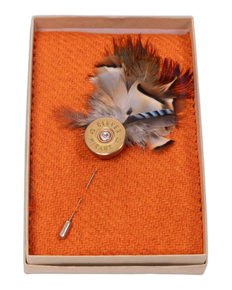 Fine Feathers Metal Shotgun Cartridge Lapel Pin with Feathers