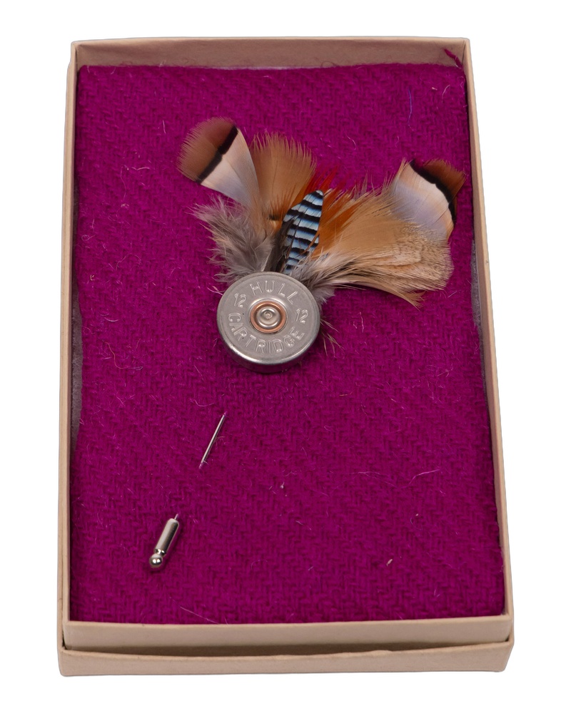 Fine Feathers Shotgun Cartridge Lapel Pin with Feather Detail