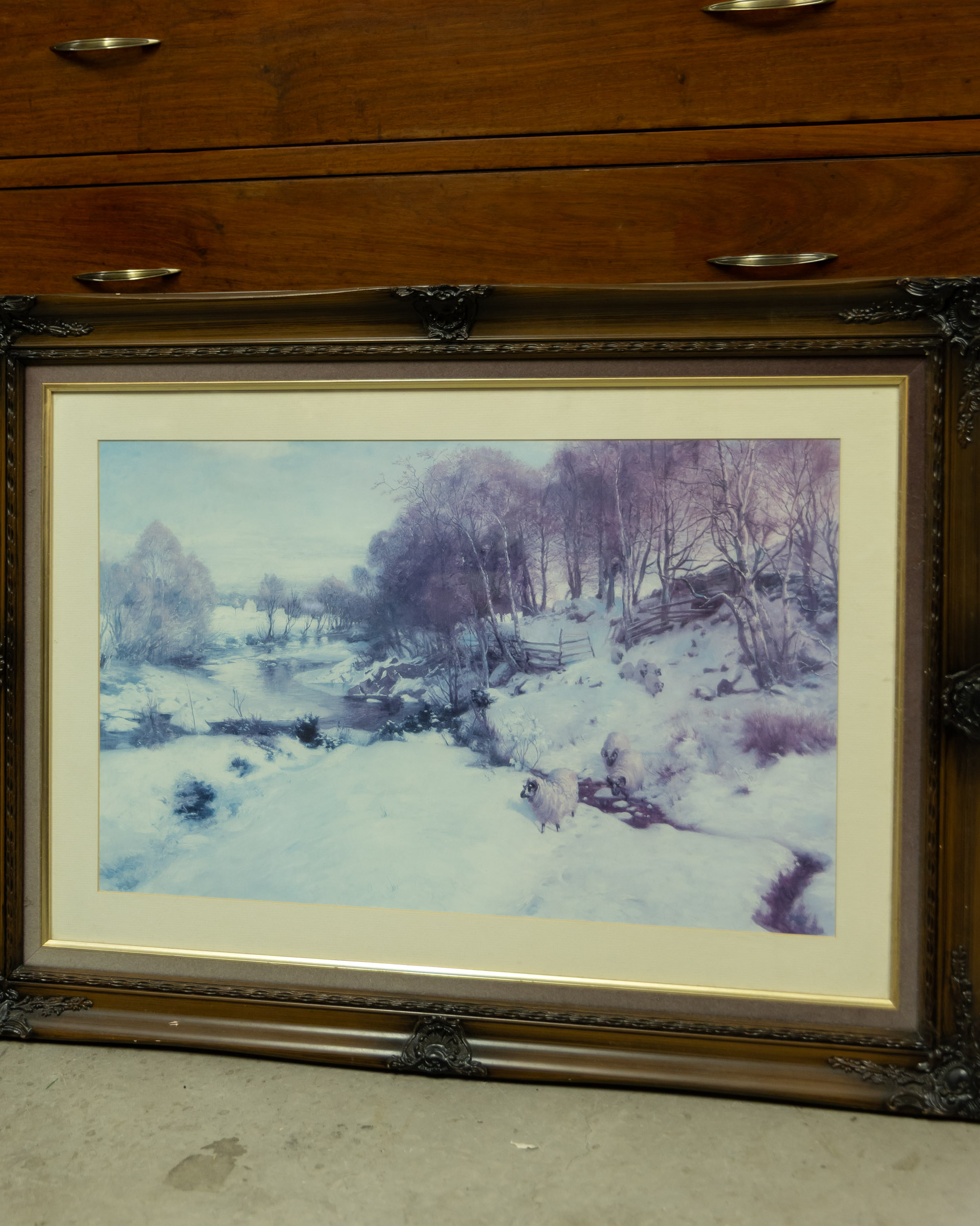 Framed Winter Landscape Print with Ornate Wood effect Frame