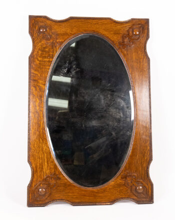 Antique Oak Oval Mirror with Carved Details
