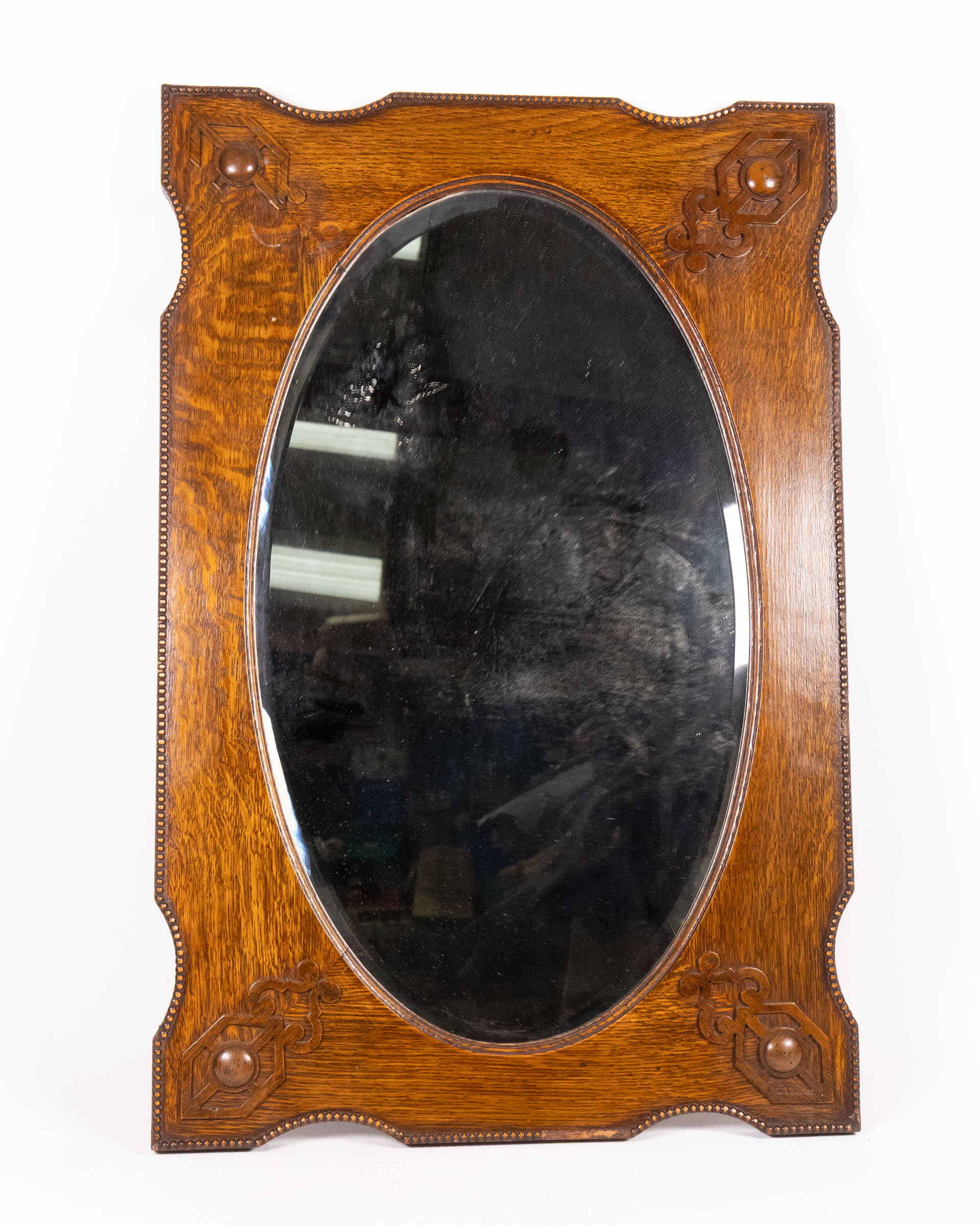 Antique Oak Oval Mirror with Carved Details