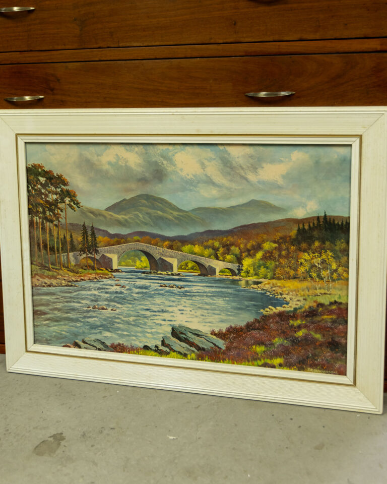 Vintage Landscape Painting with Stone Bridge