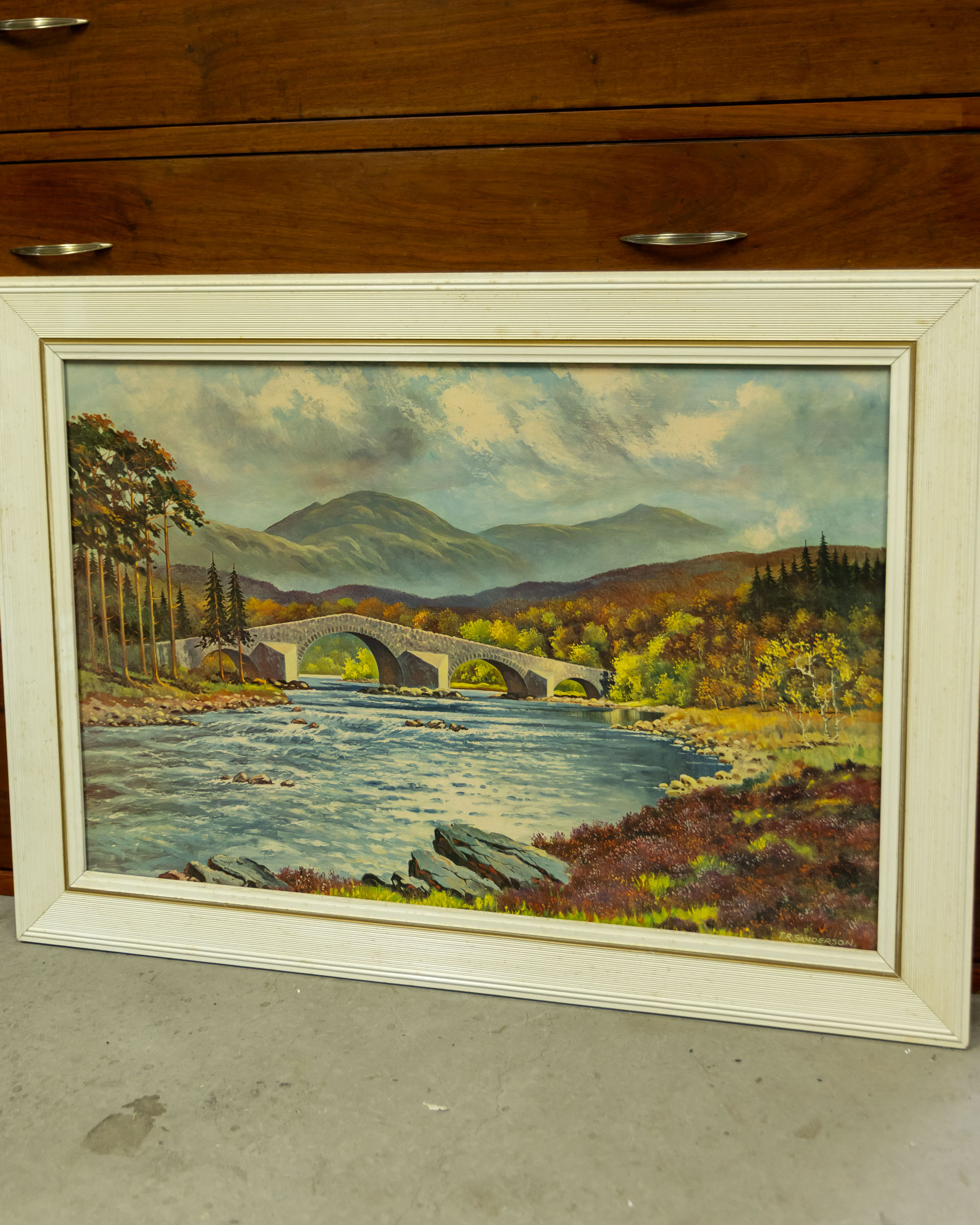 Vintage Landscape Painting with Stone Bridge