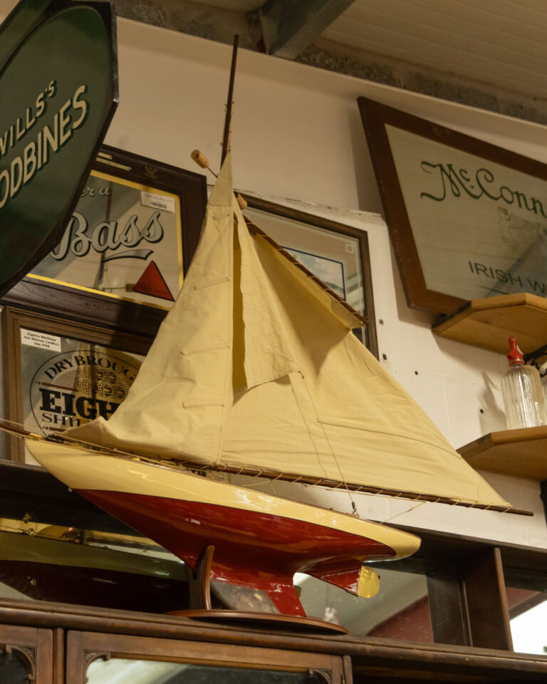 Vintage Wooden Model Yacht with Fabric Sail
