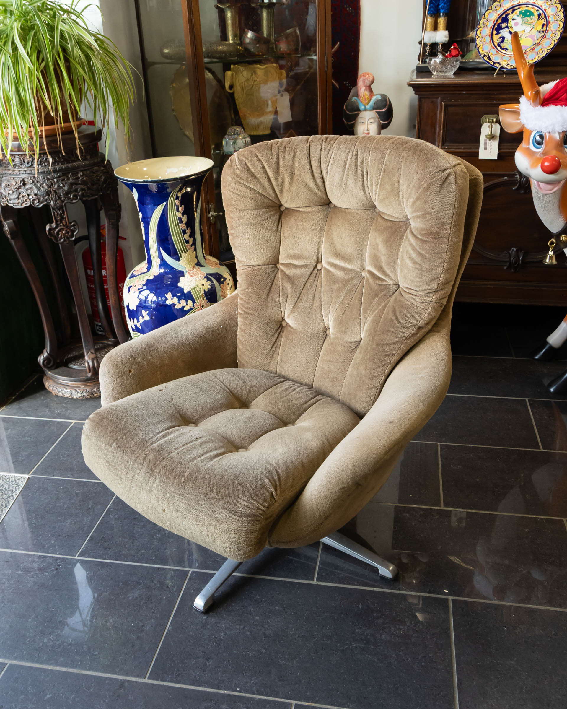Vintage Brown Fabric Swivel Armchair with Metal Base