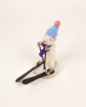 Taxidermy Skiing Mouse Figure with Blue Hat and Scarf