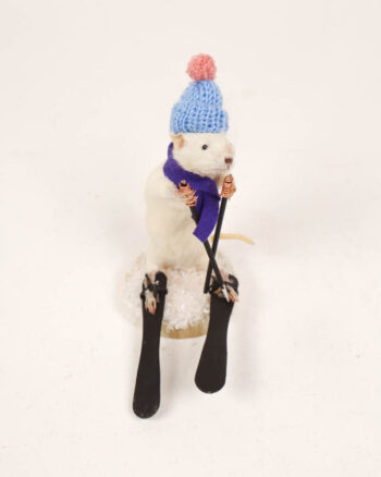 Taxidermy Skiing Mouse Figure with Blue Hat and Scarf