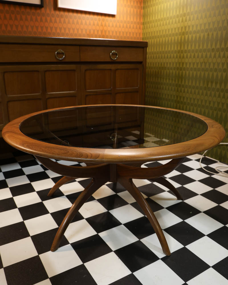 Mid-Century Teak Spider Coffee Table with Smoked Glass Top