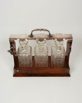 Antique Wooden Liquor Tantalis Decanter Set with Silver Plated Mounts