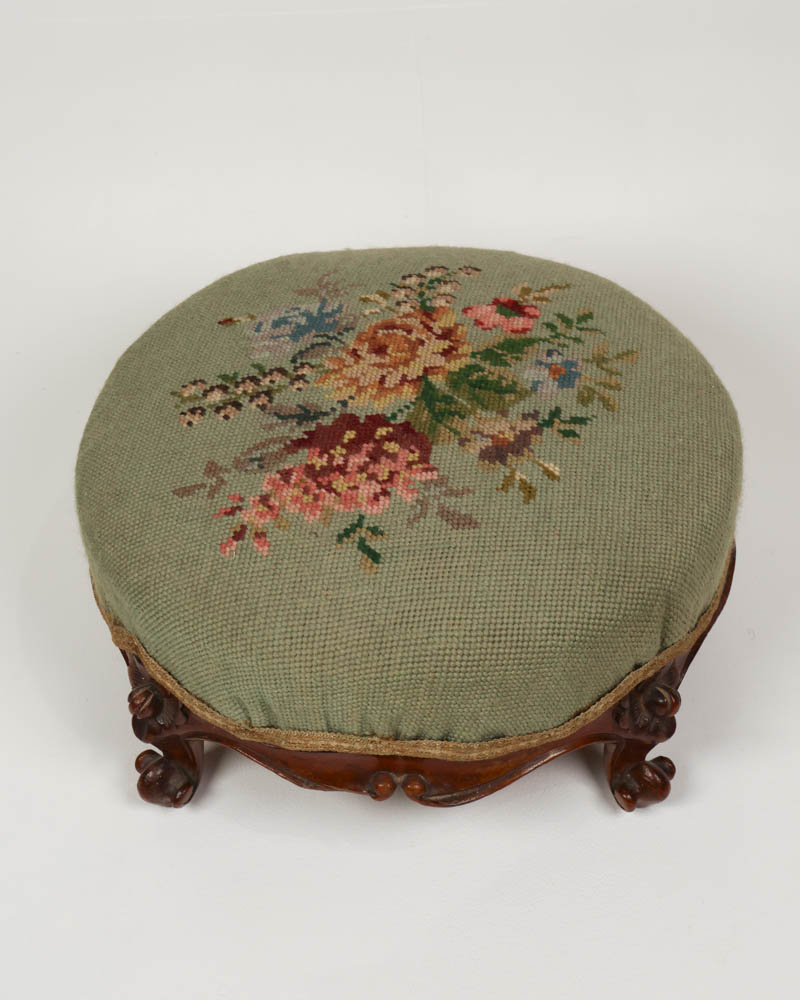 Vintage Needlepoint Footstool with Carved Wooden Legs