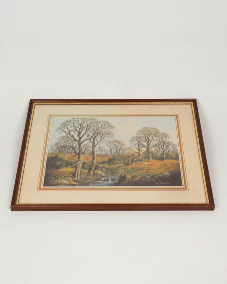 Vintage Landscape Painting in Wooden Frame with Stream