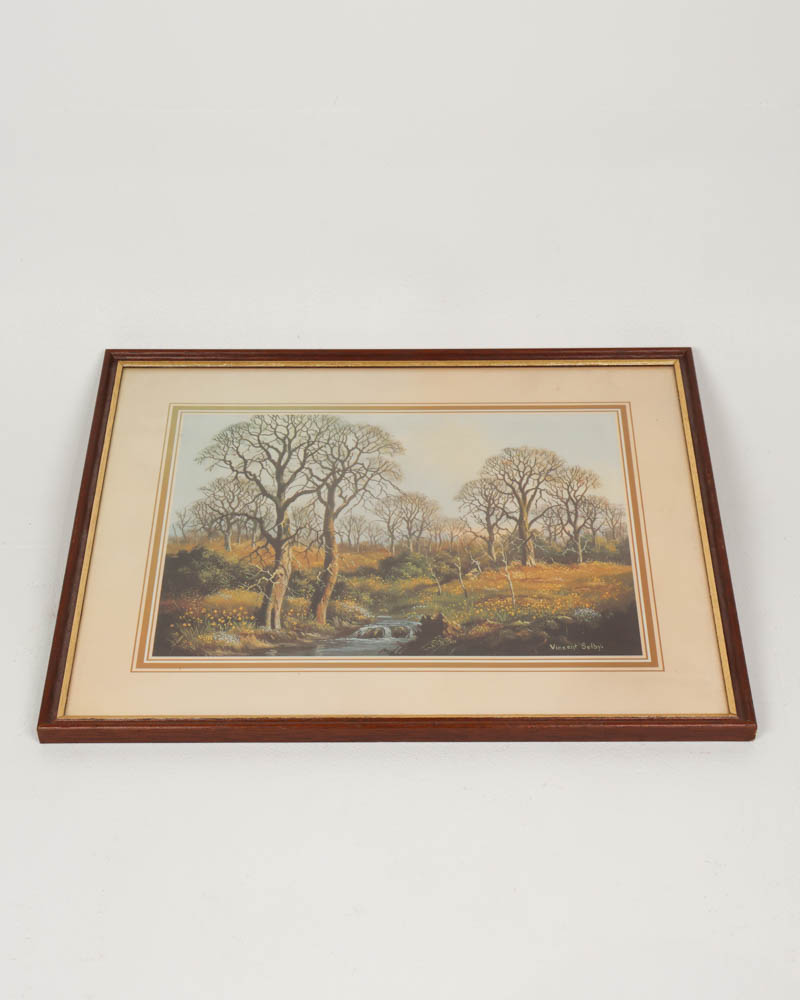 Vintage Landscape Painting in Wooden Frame with Stream