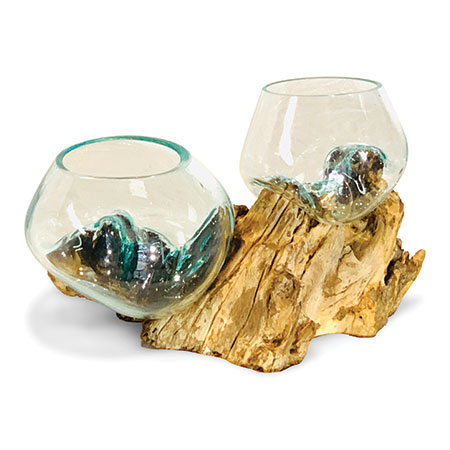 Naturale Wood Root Sculpture with Two Glass Vases