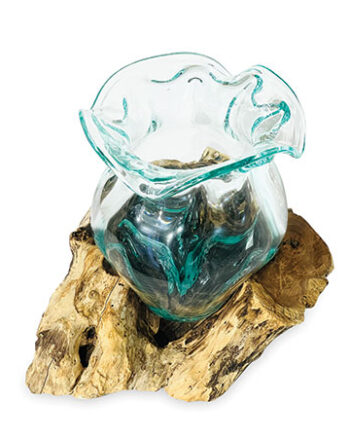 Naturale Molten Crinkle Glass Bowl on Wood Base (Medium)