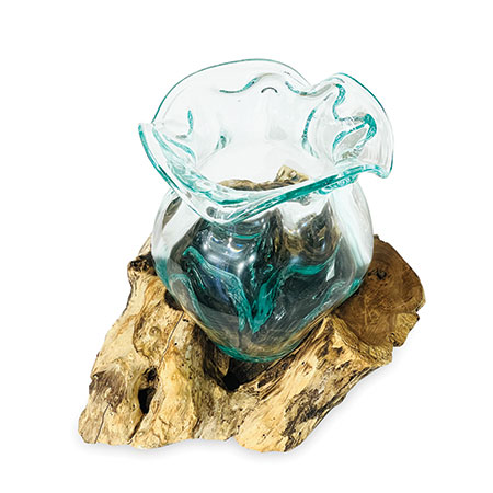 Naturale Molten Crinkle Glass Bowl on Wood Base (Medium)