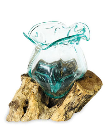 Naturale Molten Crinkle Glass Bowl on Wood Base (Medium)