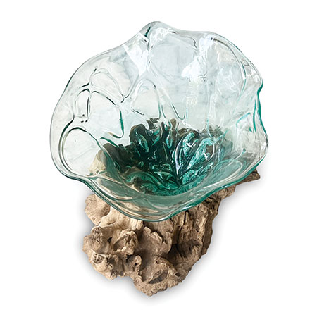 Naturale Root Flower Shape Molten Glass Bowl on Wood Base