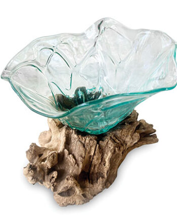 Naturale Root Flower Shape Molten Glass Bowl on Wood Base