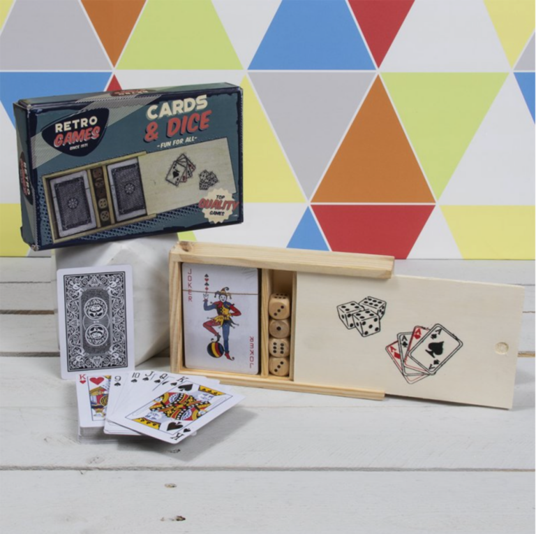 Retro Games Cards & Dice Wooden Set with Storage Box Brand New