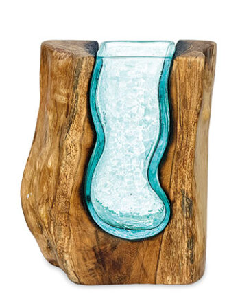 Naturale Wood and Teal Glass Vase with Rustic Edge