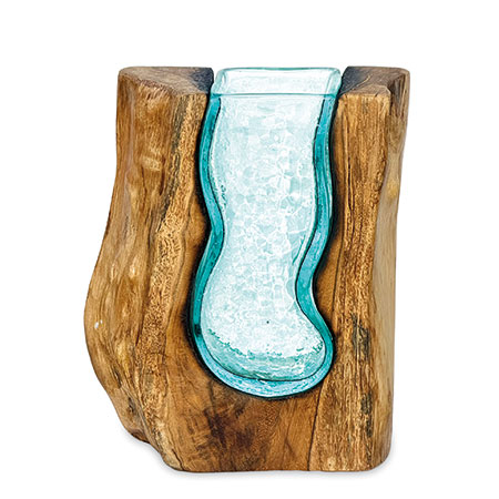 Naturale Wood and Teal Glass Vase with Rustic Edge