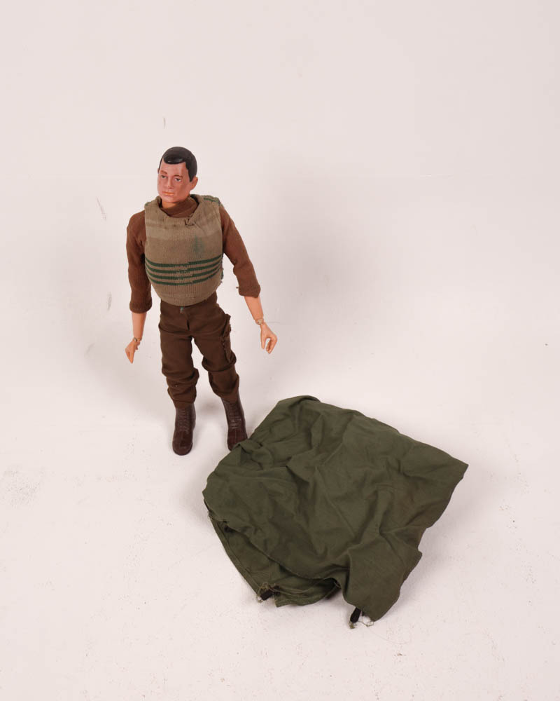Vintage Action Man Figure with Green Uniform and Accessories