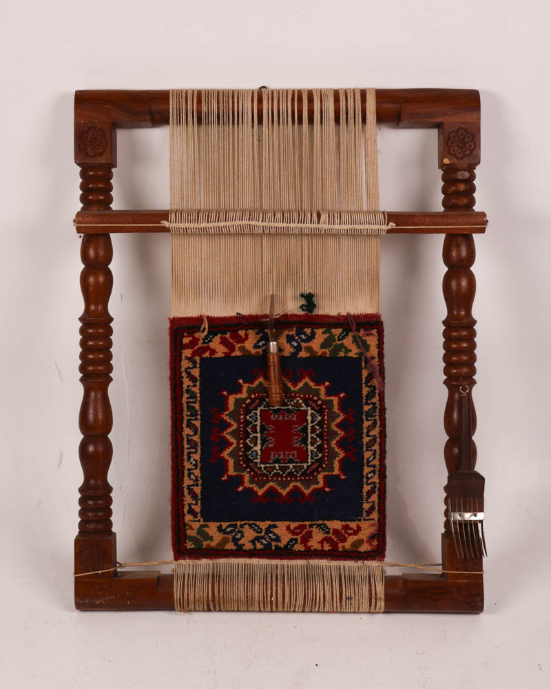 Vintage Handcrafted Rug Loom with Woven Rug