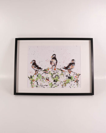 ‘Triple Take’ – Framed Puffin Painting with Black Frame by Kate Broderick