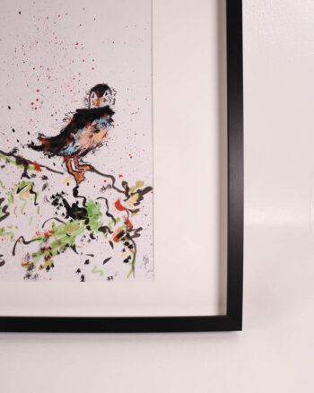 ‘Triple Take’ – Framed Puffin Painting with Black Frame by Kate Broderick