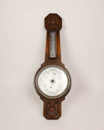 Vintage Carved Oak Aneroid Barometer with Thermometer