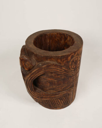 Vintage Tribal Carved Wooden Pot with Geometric Detail