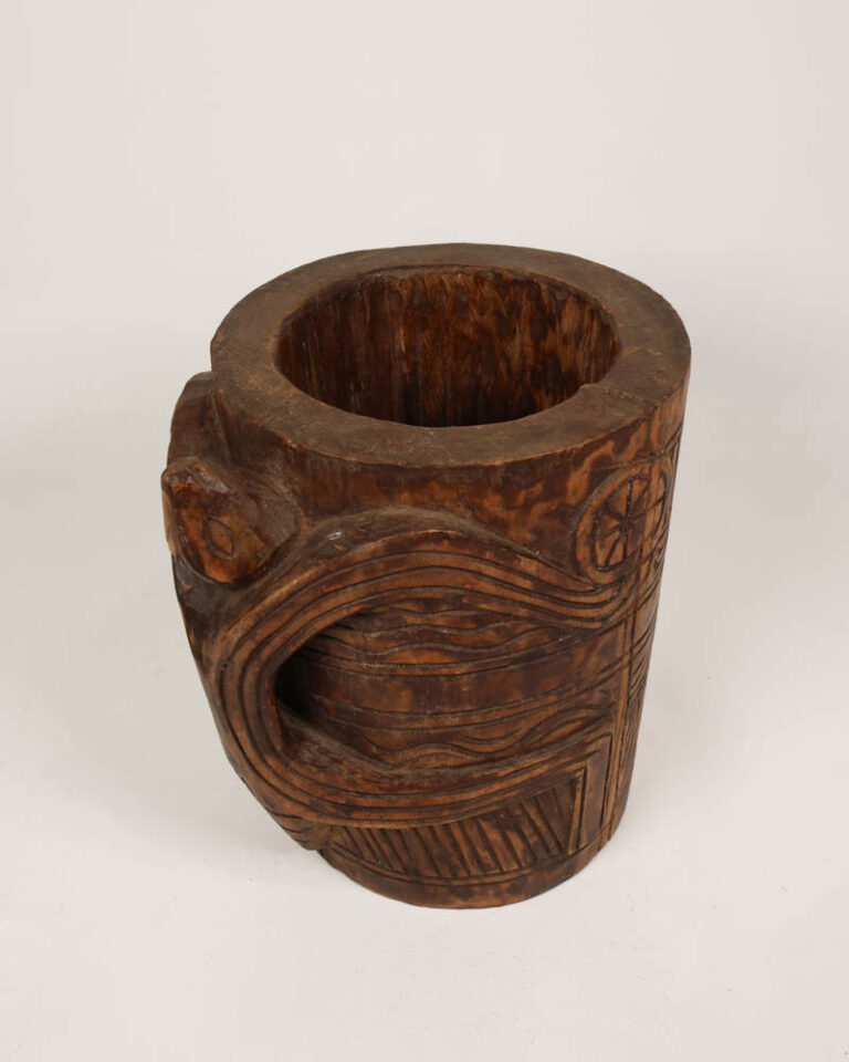 Vintage Tribal Carved Wooden Pot with Geometric Detail