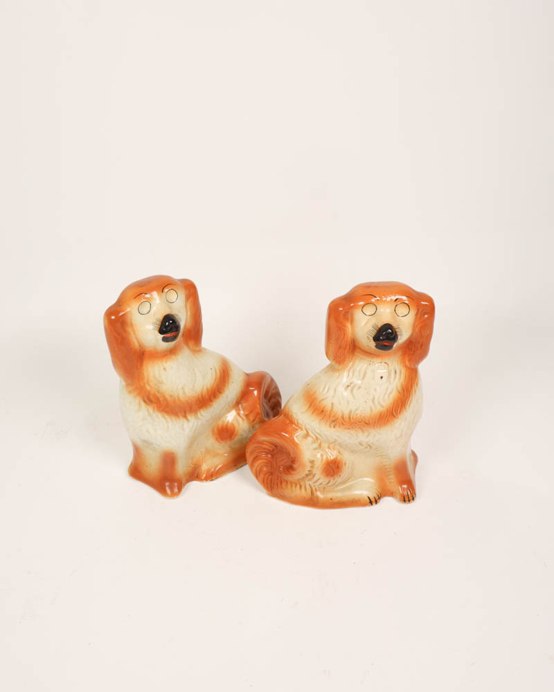 Vintage Ceramic Spaniel Dog Figurine Set with Orange Detail