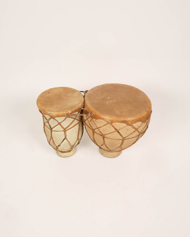 Vintage Folk Art Bongo Drums with Leather Heads