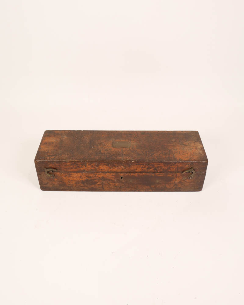 Vintage Wooden Storage Box with Metal Hardware and Green Interior